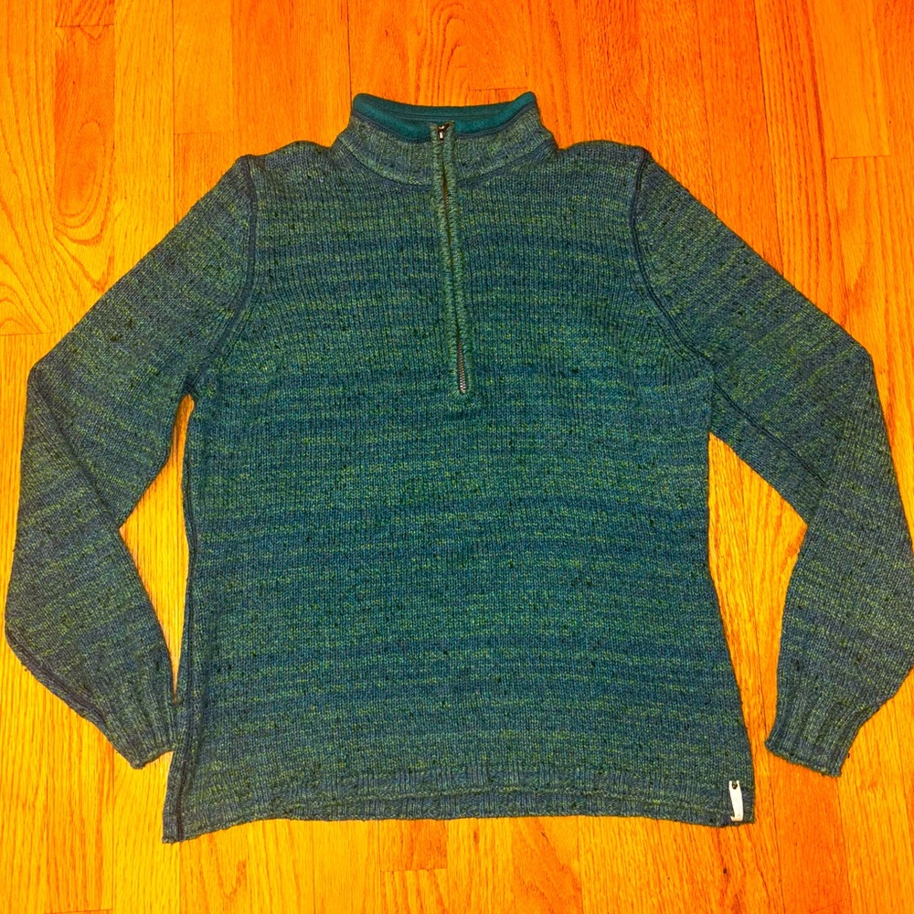 Woolrich Wool Ramie Cotton Blend Striped Sweater large 1/4 Zip Green Blue